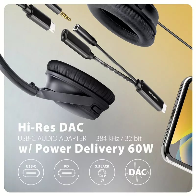 Axagon ADA-HCPD USB-C uz 3,5 mm ligzdu - Hi-Res DAC audio adapteris, 384kHz/32bit, PD 60W 3A