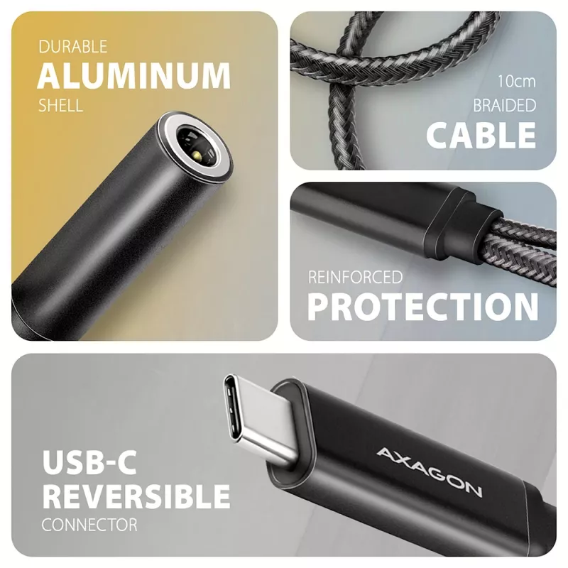 Axagon ADA-HCPD USB-C uz 3,5 mm ligzdu - Hi-Res DAC audio adapteris, 384kHz/32bit, PD 60W 3A