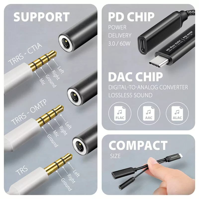 Axagon ADA-HCPD USB-C uz 3,5 mm ligzdu - Hi-Res DAC audio adapteris, 384kHz/32bit, PD 60W 3A