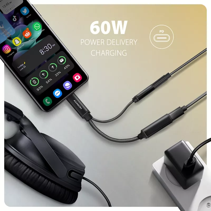 Axagon ADA-HCPD USB-C uz 3,5 mm ligzdu - Hi-Res DAC audio adapteris, 384kHz/32bit, PD 60W 3A