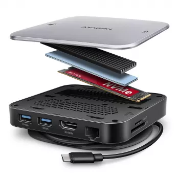 Axagon HMC-UFO USB-C centrmezgls M.2 SATA/NVMe 1 Gbit/s Ethernet 384 kHz Audio Vadu USB 3.2 Gen 2 (3.1 Gen 2) Type-C Melns