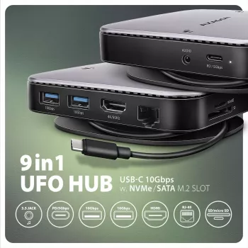 Axagon HMC-UFO USB-C centrmezgls M.2 SATA/NVMe 1 Gbit/s Ethernet 384 kHz Audio Vadu USB 3.2 Gen 2 (3.1 Gen 2) Type-C Melns
