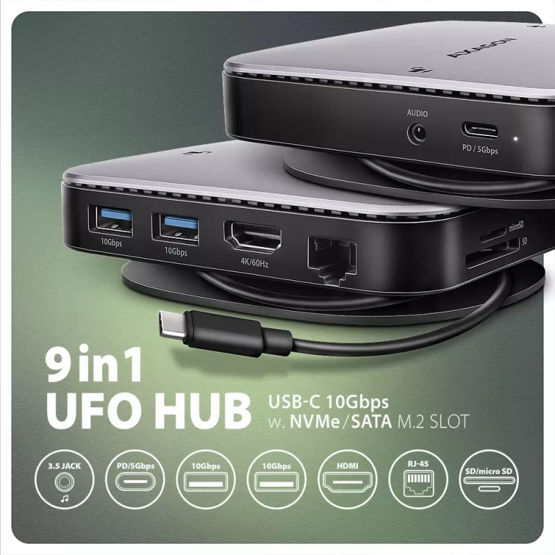 Axagon HMC-UFO USB-C centrmezgls M.2 SATA/NVMe 1 Gbit/s Ethernet 384 kHz Audio Vadu USB 3.2 Gen 2 (3.1 Gen 2) Type-C Melns