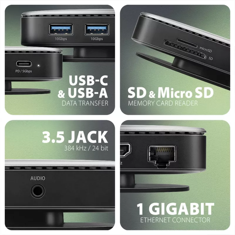 Axagon HMC-UFO USB-C centrmezgls M.2 SATA/NVMe 1 Gbit/s Ethernet 384 kHz Audio Vadu USB 3.2 Gen 2 (3.1 Gen 2) Type-C Melns