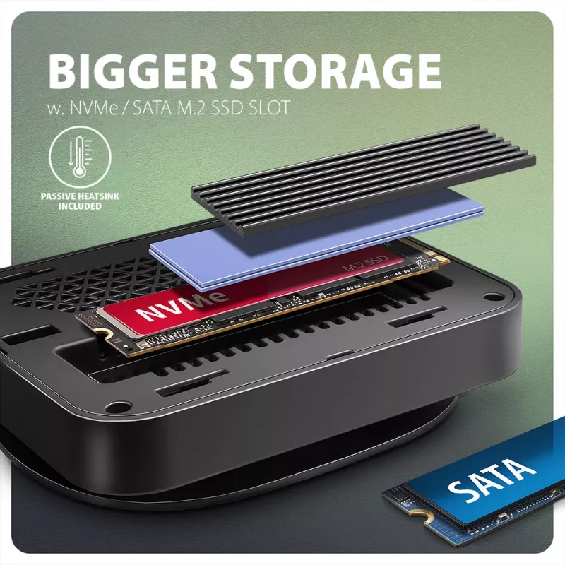 Axagon HMC-UFO USB-C centrmezgls M.2 SATA/NVMe 1 Gbit/s Ethernet 384 kHz Audio Vadu USB 3.2 Gen 2 (3.1 Gen 2) Type-C Melns