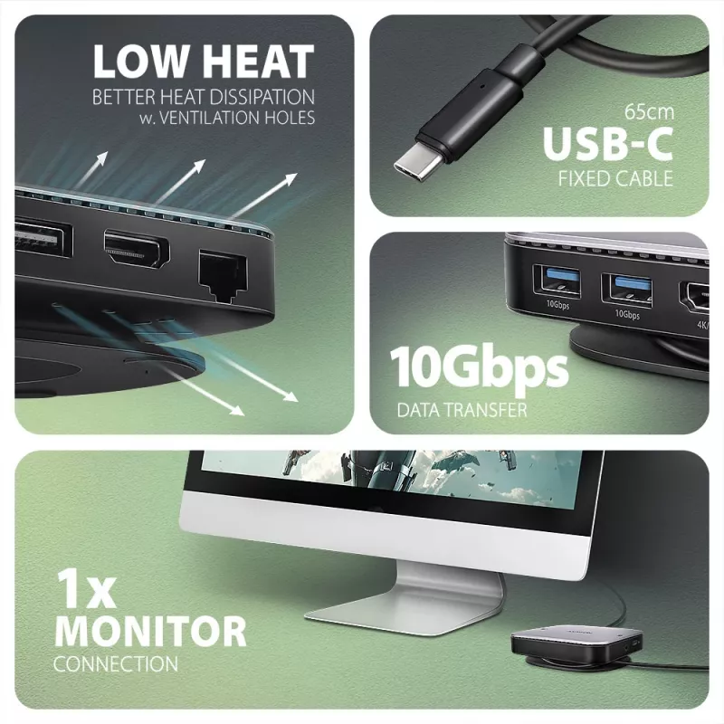 Axagon HMC-UFO USB-C centrmezgls M.2 SATA/NVMe 1 Gbit/s Ethernet 384 kHz Audio Vadu USB 3.2 Gen 2 (3.1 Gen 2) Type-C Melns