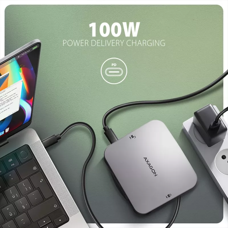 Axagon HMC-UFO USB-C centrmezgls M.2 SATA/NVMe 1 Gbit/s Ethernet 384 kHz Audio Vadu USB 3.2 Gen 2 (3.1 Gen 2) Type-C Melns