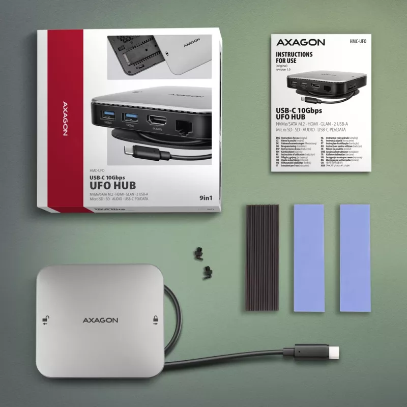 Axagon HMC-UFO USB-C centrmezgls M.2 SATA/NVMe 1 Gbit/s Ethernet 384 kHz Audio Vadu USB 3.2 Gen 2 (3.1 Gen 2) Type-C Melns