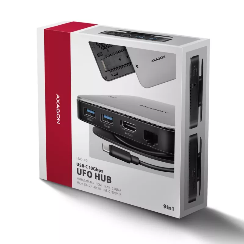 Axagon HMC-UFO USB-C centrmezgls M.2 SATA/NVMe 1 Gbit/s Ethernet 384 kHz Audio Vadu USB 3.2 Gen 2 (3.1 Gen 2) Type-C Melns