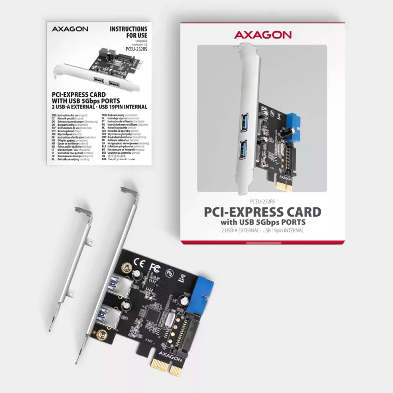 Axagon PCEU-232RS PCIe kontrolieris 2x ār. + 2x iekš. USB 5Gbps