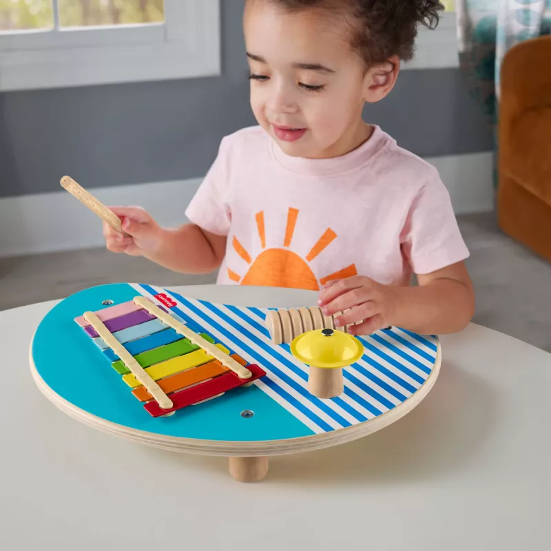 Fisher-Price koka muzikālais galds ar perkusiju instrumentu rotaļlietām, 3 koka detaļas
