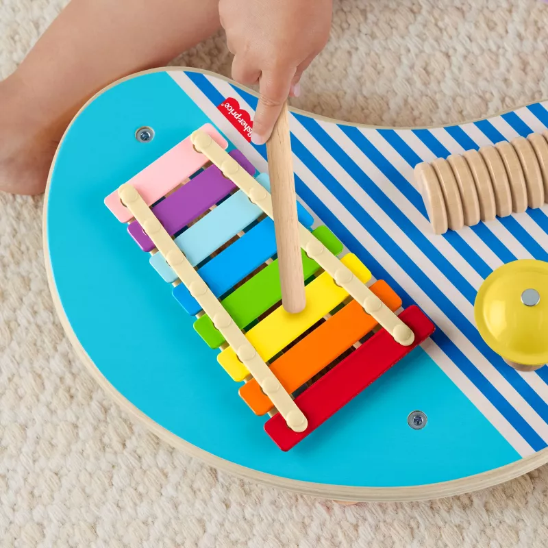 Fisher-Price koka muzikālais galds ar perkusiju instrumentu rotaļlietām, 3 koka detaļas