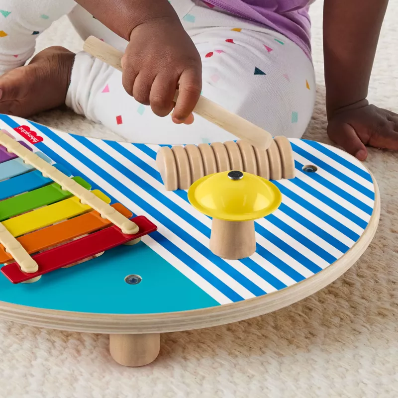 Fisher-Price koka muzikālais galds ar perkusiju instrumentu rotaļlietām, 3 koka detaļas