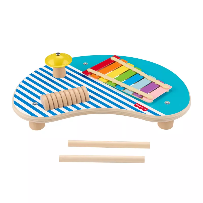 Fisher-Price koka muzikālais galds ar perkusiju instrumentu rotaļlietām, 3 koka detaļas