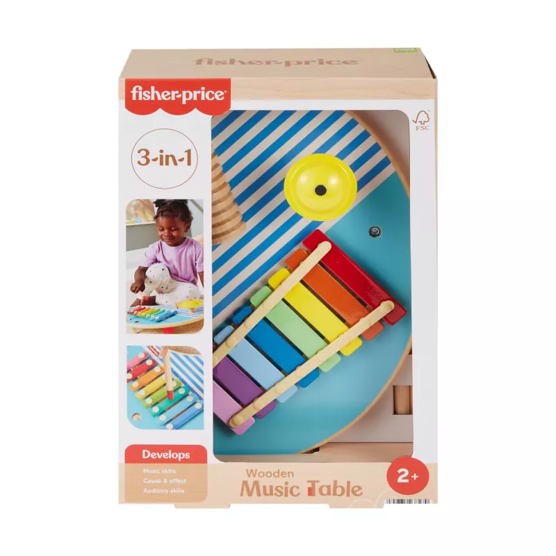 Fisher-Price koka muzikālais galds ar perkusiju instrumentu rotaļlietām, 3 koka detaļas