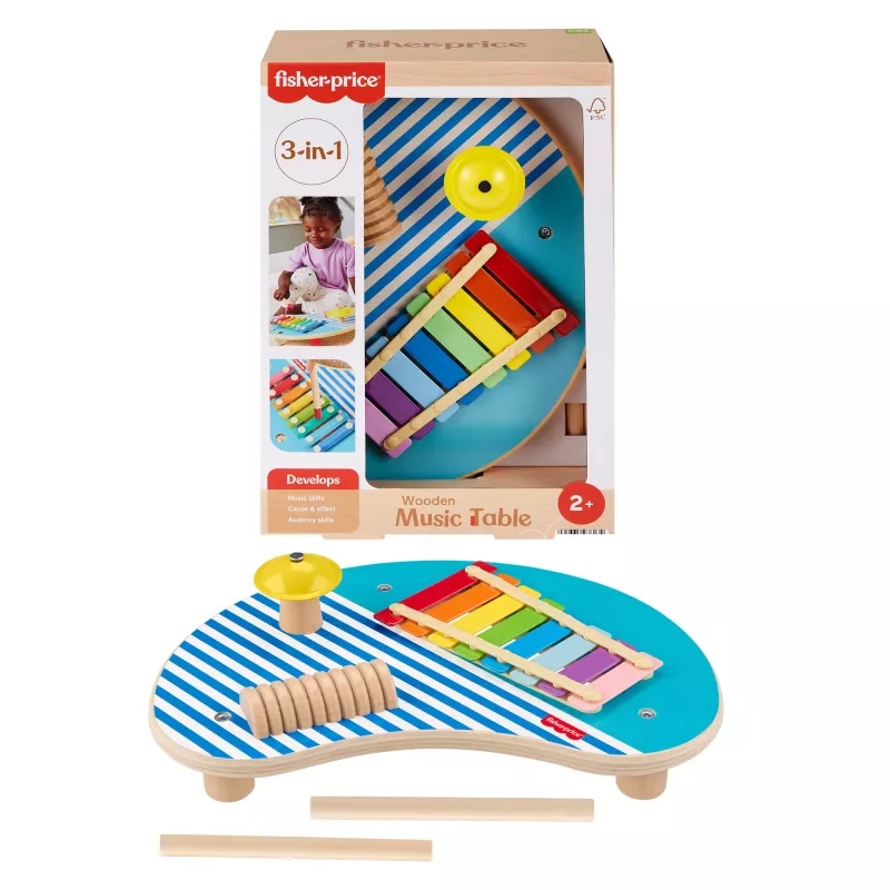 Fisher-Price koka muzikālais galds ar perkusiju instrumentu rotaļlietām, 3 koka detaļas