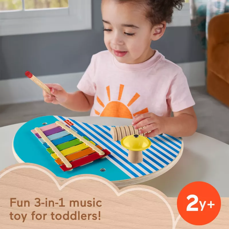 Fisher-Price koka muzikālais galds ar perkusiju instrumentu rotaļlietām, 3 koka detaļas