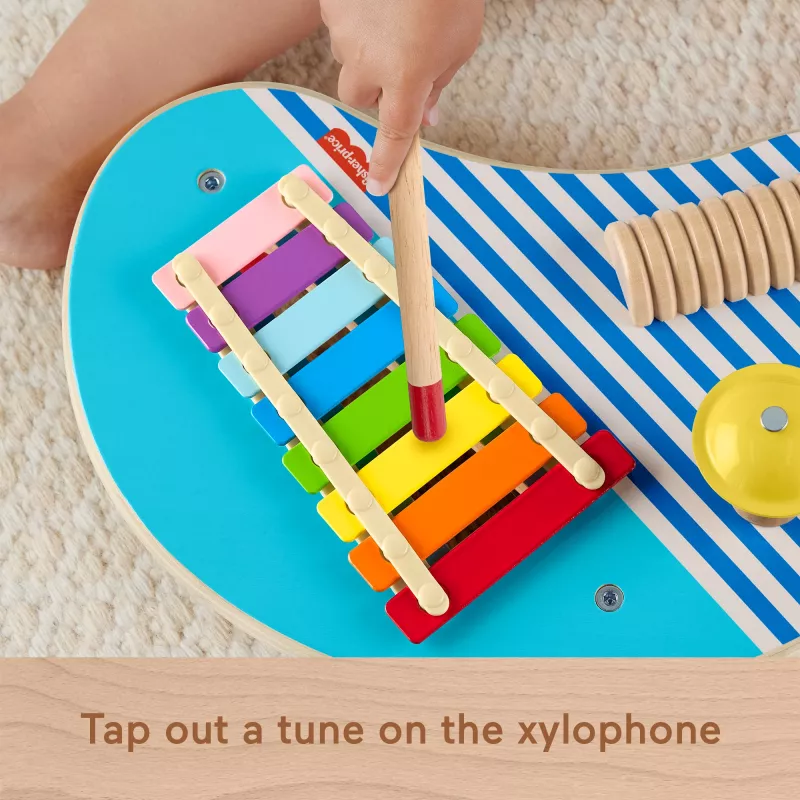 Fisher-Price koka muzikālais galds ar perkusiju instrumentu rotaļlietām, 3 koka detaļas