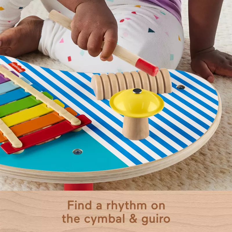 Fisher-Price koka muzikālais galds ar perkusiju instrumentu rotaļlietām, 3 koka detaļas