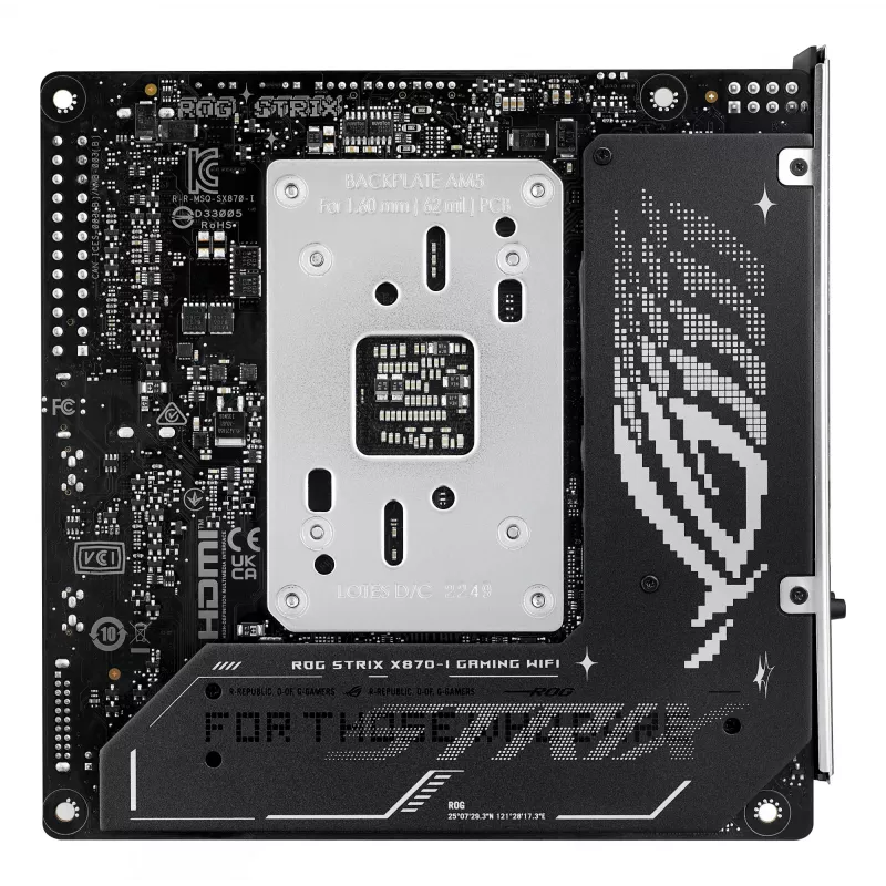 Mātesplate ASUS ROG STRIX X870-I GAMING WIFI mini ITX · AMD X870 · Socket AM5 · DDR5 · 2 DIMM · Wi‑Fi 7 · Bluetooth 5.4