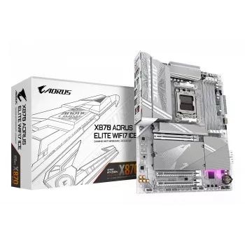 Mātesplate GIGABYTE X870 AORUS ELITE WIFI7 ICE — atbalsta AMD Ryzen 9000 CPU, 16+2+2 fāžu digitālais VRM, līdz 8200MHz DDR5 (OC), 3xPCIe 5.0 + 1xPCIe 4.0, Wi-Fi 7, 2.5GbE LAN, USB 4