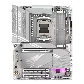 Mātesplate GIGABYTE X870 AORUS ELITE WIFI7 ICE — atbalsta AMD Ryzen 9000 CPU, 16+2+2 fāžu digitālais VRM, līdz 8200MHz DDR5 (OC), 3xPCIe 5.0 + 1xPCIe 4.0, Wi-Fi 7, 2.5GbE LAN, USB 4