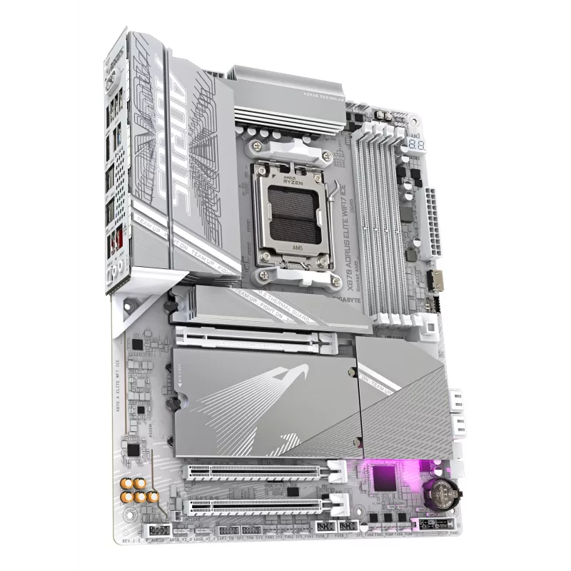 Mātesplate GIGABYTE X870 AORUS ELITE WIFI7 ICE — atbalsta AMD Ryzen 9000 CPU, 16+2+2 fāžu digitālais VRM, līdz 8200MHz DDR5 (OC), 3xPCIe 5.0 + 1xPCIe 4.0, Wi-Fi 7, 2.5GbE LAN, USB 4