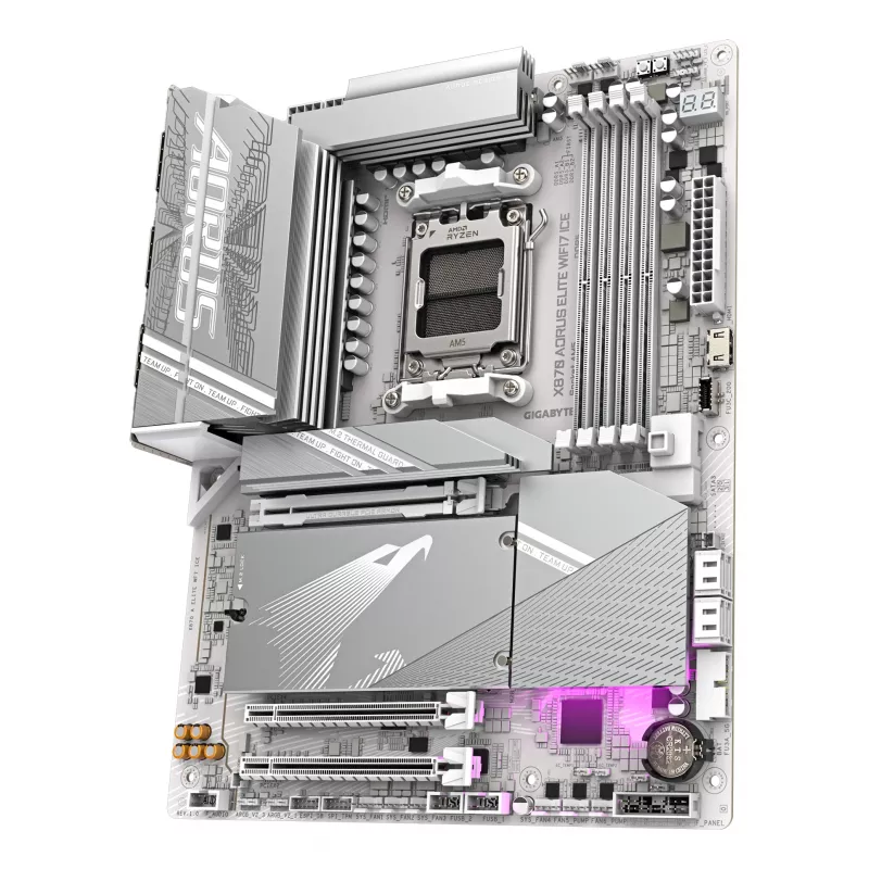 Mātesplate GIGABYTE X870 AORUS ELITE WIFI7 ICE — atbalsta AMD Ryzen 9000 CPU, 16+2+2 fāžu digitālais VRM, līdz 8200MHz DDR5 (OC), 3xPCIe 5.0 + 1xPCIe 4.0, Wi-Fi 7, 2.5GbE LAN, USB 4