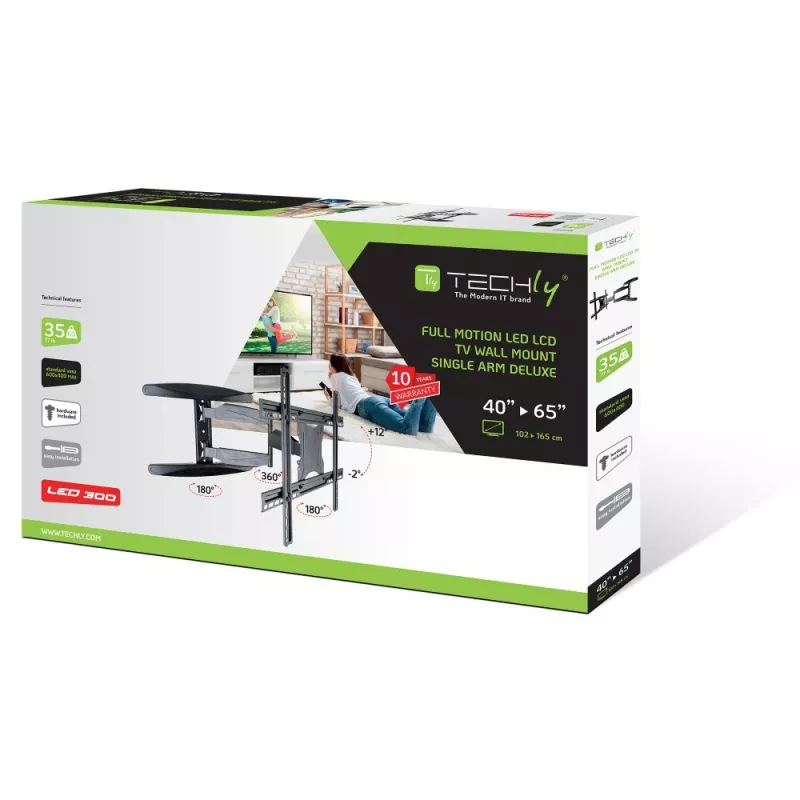 Techly 40-65 īpaši plāns pilnas kustības LCD TV sienas stiprinājuma kronšteins, melns ICA-PLB 171L