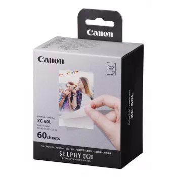 Canon XC-60L, Dye-sublimation, 5.4x8.5 cm, 60 gab. Canon XC-60L. Drukas tehnoloģija: Dye-sublimation, Papīra izmērs: 5.4x8.5 cm. Daudzums iepakojumā: 60 gab.