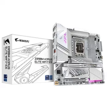 GIGABYTE Z890M AORUS ELITE WIFI7 ICE mātesplate – atbalsta Intel Core Ultra (2. sērijas) procesorus, 12+1+2 fāžu VRM, līdz 8800 MHz DDR5 (OC), 1xPCIe 5.0 + 2xPCIe 4.0, Wi-Fi 7, 2,5 GbE LAN, USB 4