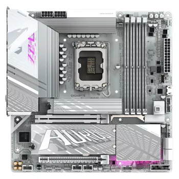 GIGABYTE Z890M AORUS ELITE WIFI7 ICE mātesplate – atbalsta Intel Core Ultra (2. sērijas) procesorus, 12+1+2 fāžu VRM, līdz 8800 MHz DDR5 (OC), 1xPCIe 5.0 + 2xPCIe 4.0, Wi-Fi 7, 2,5 GbE LAN, USB 4