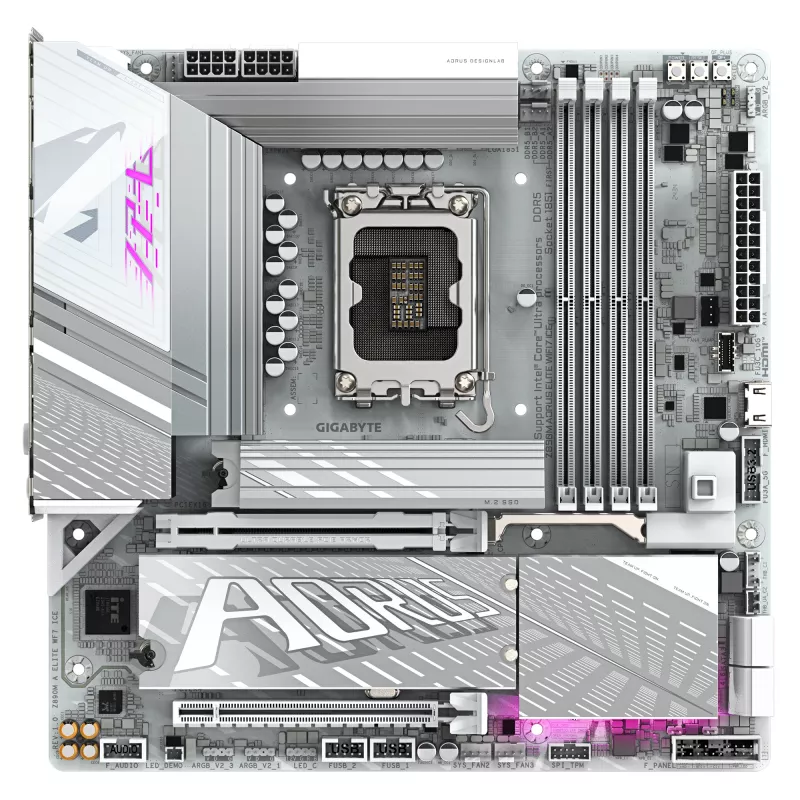 GIGABYTE Z890M AORUS ELITE WIFI7 ICE mātesplate – atbalsta Intel Core Ultra (2. sērijas) procesorus, 12+1+2 fāžu VRM, līdz 8800 MHz DDR5 (OC), 1xPCIe 5.0 + 2xPCIe 4.0, Wi-Fi 7, 2,5 GbE LAN, USB 4