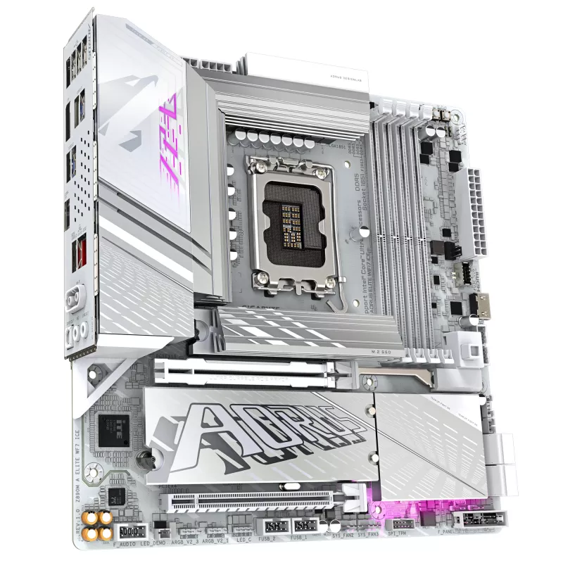GIGABYTE Z890M AORUS ELITE WIFI7 ICE mātesplate – atbalsta Intel Core Ultra (2. sērijas) procesorus, 12+1+2 fāžu VRM, līdz 8800 MHz DDR5 (OC), 1xPCIe 5.0 + 2xPCIe 4.0, Wi-Fi 7, 2,5 GbE LAN, USB 4