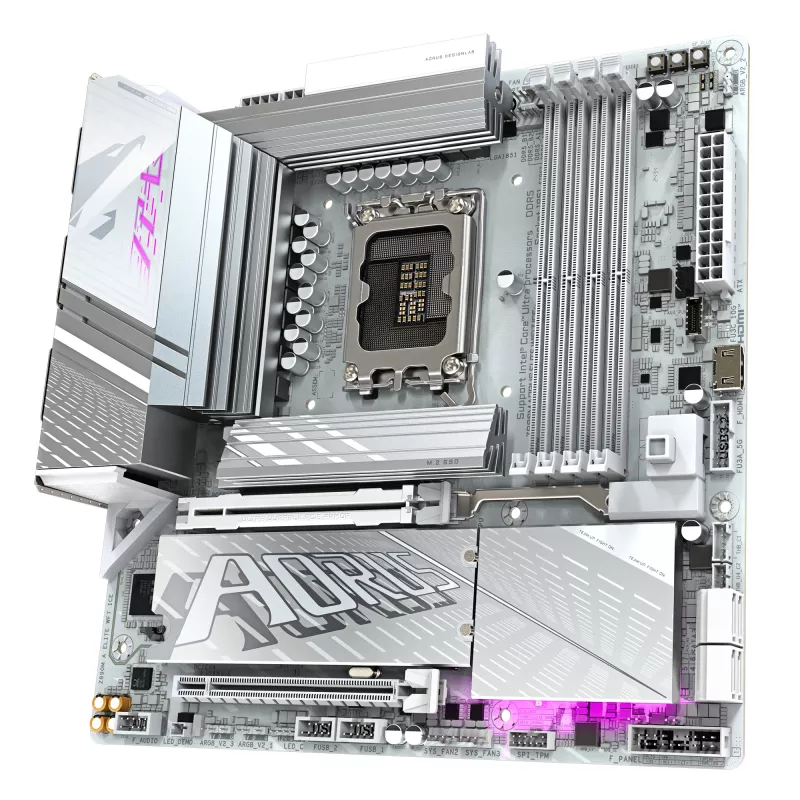 GIGABYTE Z890M AORUS ELITE WIFI7 ICE mātesplate – atbalsta Intel Core Ultra (2. sērijas) procesorus, 12+1+2 fāžu VRM, līdz 8800 MHz DDR5 (OC), 1xPCIe 5.0 + 2xPCIe 4.0, Wi-Fi 7, 2,5 GbE LAN, USB 4