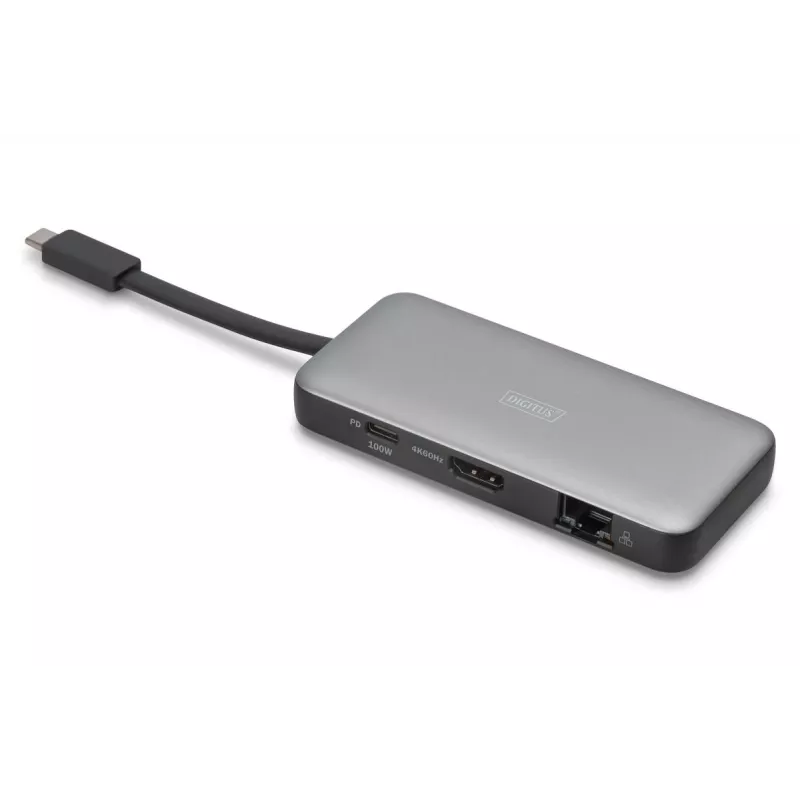 DIGITUS USB-C ceļojumu dokstacija, 7 porti - HDMI / 2x USB-A 3.2 Gen 1 / GbE / SD / MicroSD - 100 W USB-C strāvas padeve