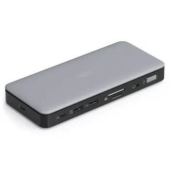 DIGITUS USB-C dokstacija, 11 pieslēgvietas – 2x HDMI / DP / 2x USB-A 3.2 Gen 2 / USB-C 3.2 Gen 2 / GbE / SD / MicroSD / DC ligzda – 150 vati maks. / 3,5 mm