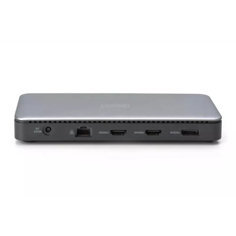 DIGITUS USB-C dokstacija, 11 pieslēgvietas – 2x HDMI / DP / 2x USB-A 3.2 Gen 2 / USB-C 3.2 Gen 2 / GbE / SD / MicroSD / DC ligzda – 150 vati maks. / 3,5 mm