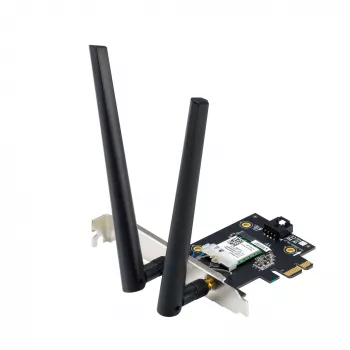 Iekšējais WLAN Bluetooth adapteris ASUS PCE-BE6500 — PCIe, trīsjoslu Wi‑Fi 6E/7 (2,4/5/6 GHz), Bluetooth 5.4, 2882 Mbps, ārējā antena, melns