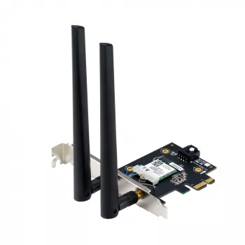 Iekšējais WLAN Bluetooth adapteris ASUS PCE-BE6500 — PCIe, trīsjoslu Wi‑Fi 6E/7 (2,4/5/6 GHz), Bluetooth 5.4, 2882 Mbps, ārējā antena, melns