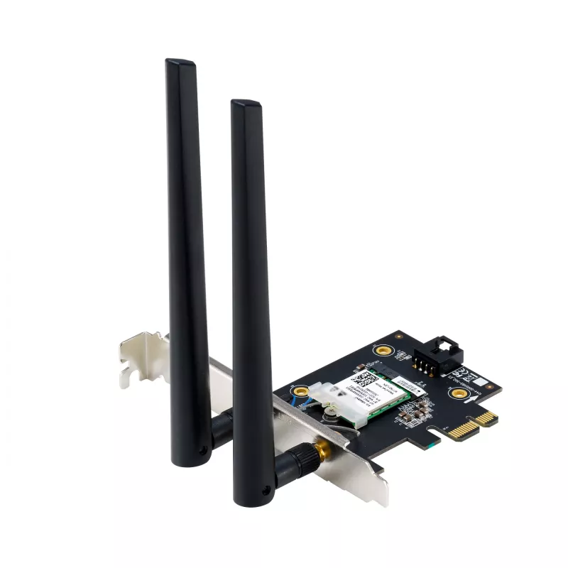 Iekšējais WLAN Bluetooth adapteris ASUS PCE-BE6500 — PCIe, trīsjoslu Wi‑Fi 6E/7 (2,4/5/6 GHz), Bluetooth 5.4, 2882 Mbps, ārējā antena, melns