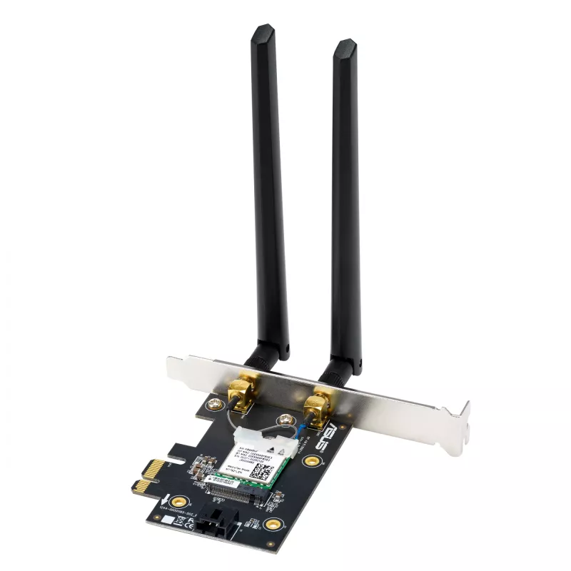 Iekšējais WLAN Bluetooth adapteris ASUS PCE-BE6500 — PCIe, trīsjoslu Wi‑Fi 6E/7 (2,4/5/6 GHz), Bluetooth 5.4, 2882 Mbps, ārējā antena, melns