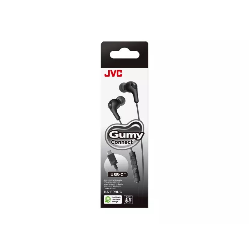 Vadu intraaurālā austiņu sistēma JVC HA-FR9UC ar USB-C, 9,2 mm draiveriem, 5–22000 Hz, rindas mikrofonu un vadību, 1,2 m kabeli, melnā krāsā