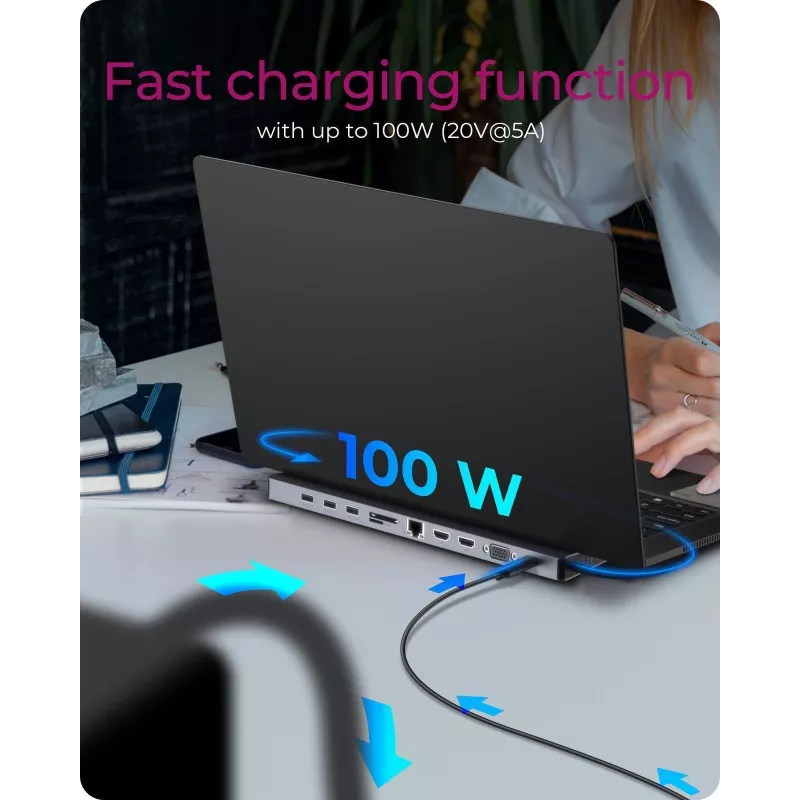 ICY BOX 11-in-1 via USB Type-C, vadu, USB 3.2 Gen 1 (3.1 Gen 1) Type-C, 100 W, 3.5 mm, 10,100,1000 Mbit/s, antracīta, melns