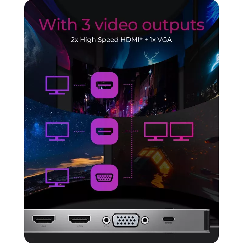 ICY BOX 11-in-1 via USB Type-C, vadu, USB 3.2 Gen 1 (3.1 Gen 1) Type-C, 100 W, 3.5 mm, 10,100,1000 Mbit/s, antracīta, melns