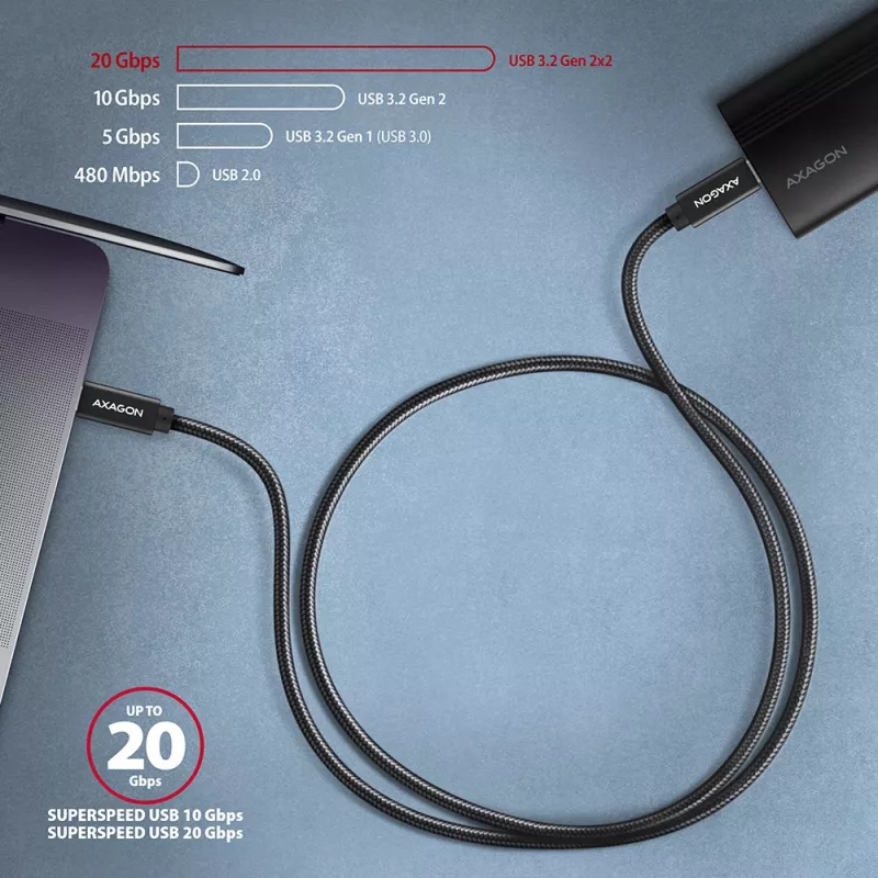 Axagon BUCM32-CM05AB SPEED+ USB-C <> USB 20Gbps/100W kabelis 0,5 m