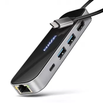 Axagon HMC-6GLN USB 5Gbps centrmezgls, 2x USB-A, USB-C, HDMI 4k/60Hz, RJ-45, PD 100W, USB-C kabelis