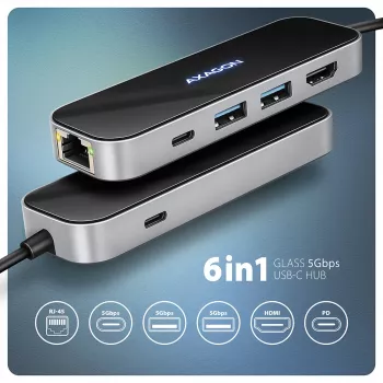 Axagon HMC-6GLN USB 5Gbps centrmezgls, 2x USB-A, USB-C, HDMI 4k/60Hz, RJ-45, PD 100W, USB-C kabelis