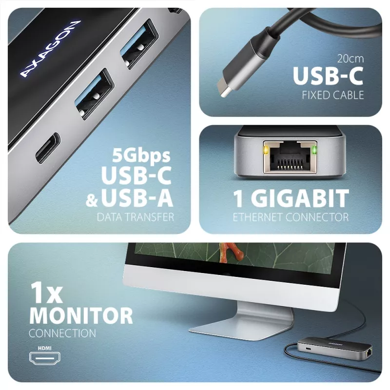 Axagon HMC-6GLN USB 5Gbps centrmezgls, 2x USB-A, USB-C, HDMI 4k/60Hz, RJ-45, PD 100W, USB-C kabelis