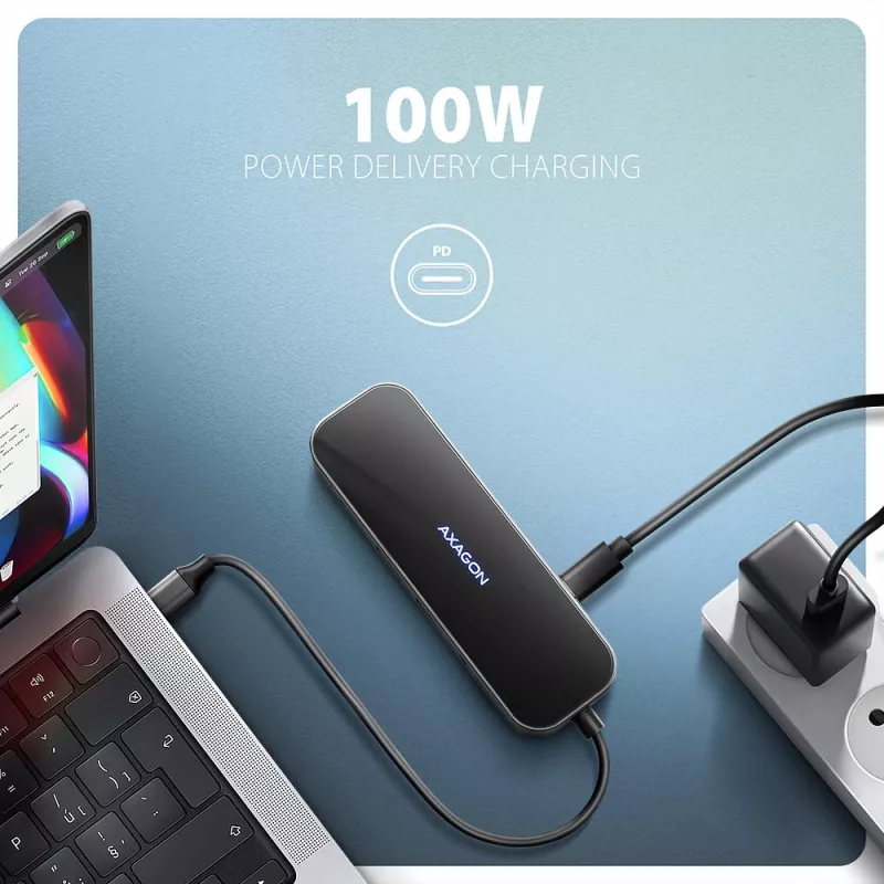 Axagon HMC-6GLN USB 5Gbps centrmezgls, 2x USB-A, USB-C, HDMI 4k/60Hz, RJ-45, PD 100W, USB-C kabelis